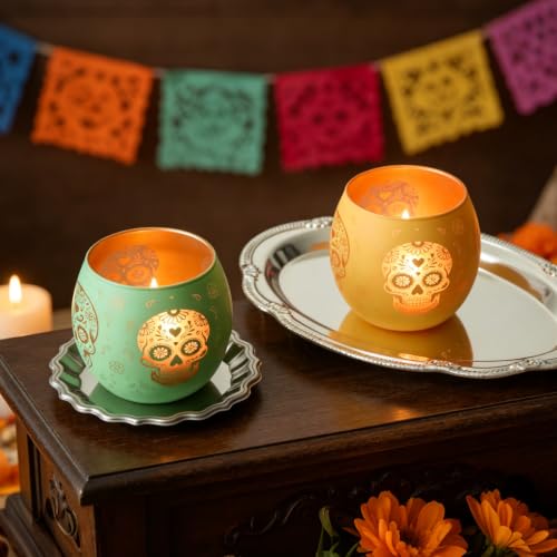 Day of Dead Skull Glass Votive Candle Holders for Indoor Halloween Decor (4 Count)