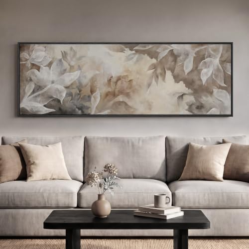 Large Framed Brown Beige Floral Abstract Wall Art for Living Room