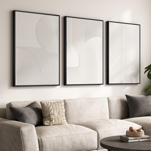 Large 3D Textured Modern White Abstract Wall Art for Living Room (3 Count)