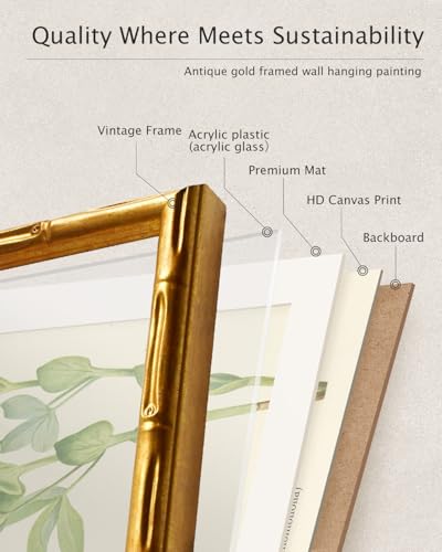 Gold Bamboo Framed Botanical Wall Art Golden Pea Flower 11x14 Inch
