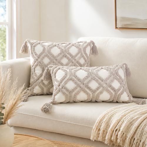 Lumbar Pillow Covers 12x20 Boho Tufted for Couch Taupe