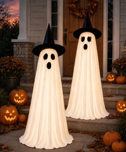 2 Pack Light Up Ghost Halloween Decorations Outdoor Spooky Decor (White)