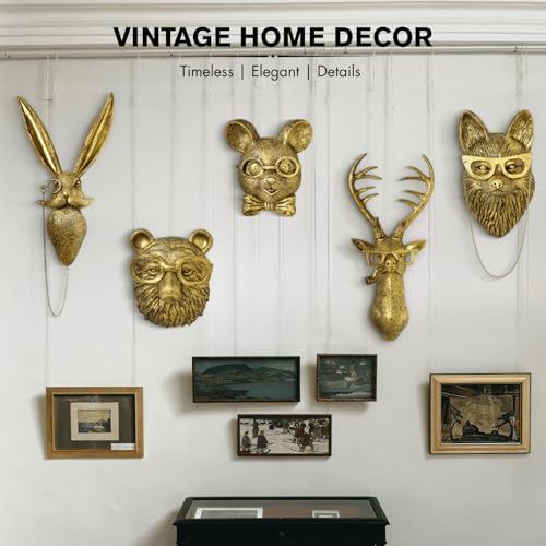 5 PCS Animals Head Wall Art Sculptures 17 inchs Gold Office Vintage 3D Wall Decor Art for Whimsigoth Home Wall Decor Lightweight Material Accent Wall Hanging Room Decor Maximalist Decor