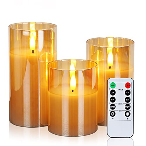 Gold Glass Flameless LED Candles Battery Operated with Remote Timer (3 Count)