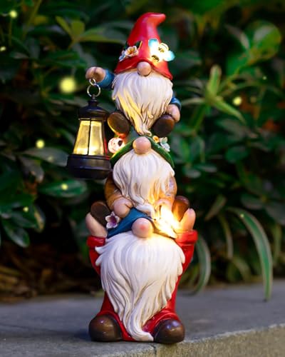 12 in Garden Gnome Statue with Solar Lights Birthday Gift for Mom Woman Grandma Garden Sculptures Funny Triple Gnome Outdoor Patio Lawn Yard Balcony Home Decor