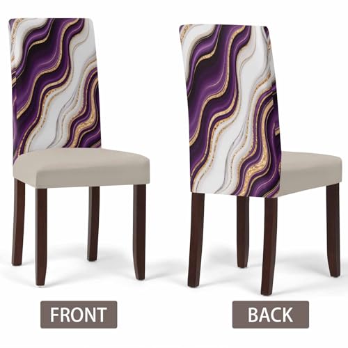 6 Pcs Dining Chair Covers Stretch Spandex Slipcovers Purple Marble Gold Inlay Removable Washable Dining Room Seat Cover Cushion Protector for Home Hotel Banquet Decor Abstract Geometric Stripes (4 Count)