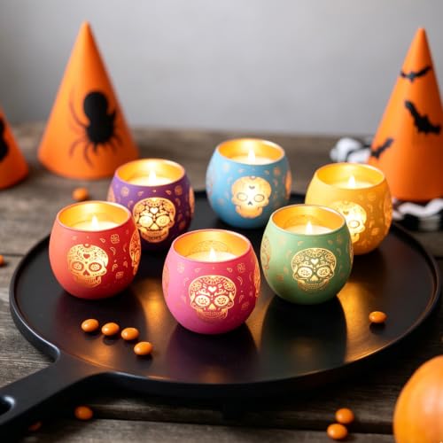 Day of Dead Skull Glass Votive Candle Holders for Indoor Halloween Decor (4 Count)