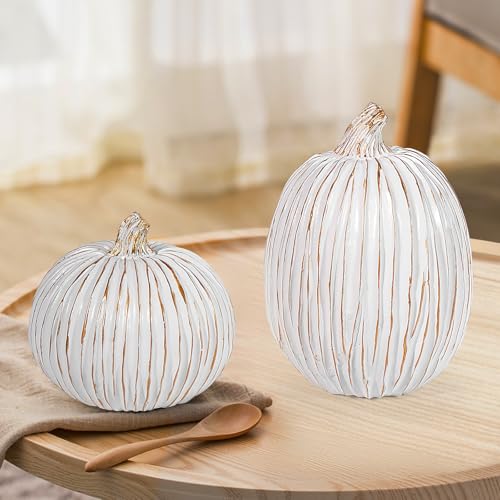 2Pcs Halloween Pumpkin Artificial Resin Pumpkins Decor for Mantel Harvest Autumn Tabletop Decoration Gold Fall Pumpkin Decorations Thanksgiving Table Centerpieces (2 Count)