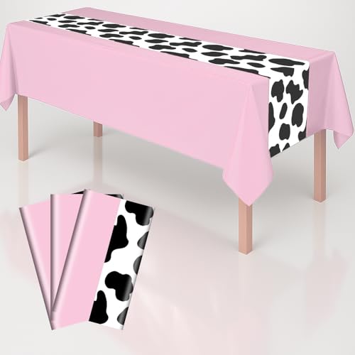3 Pack 108 x 54 Inch Cow Print Tablecloth Cow Plastic Table Cover Birthday Party Table Cloth Disposable Plastic Farm Animal Party Cover for Disco Cowgirl Decorations Supplies Pink (3 Count)