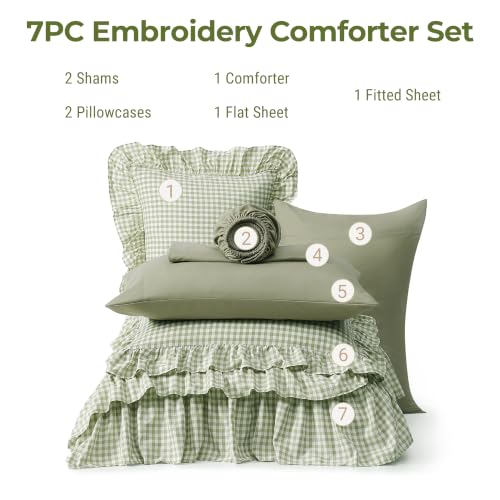 Full Size Comforter Set Green Gingham Ruffle 7 Pieces Bed in a Bag