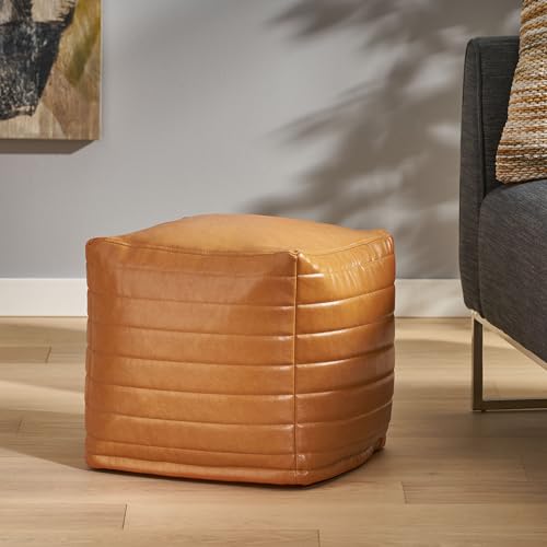 Contemporary Faux Leather Channel Stitch Pouf Ottoman Foot Stool