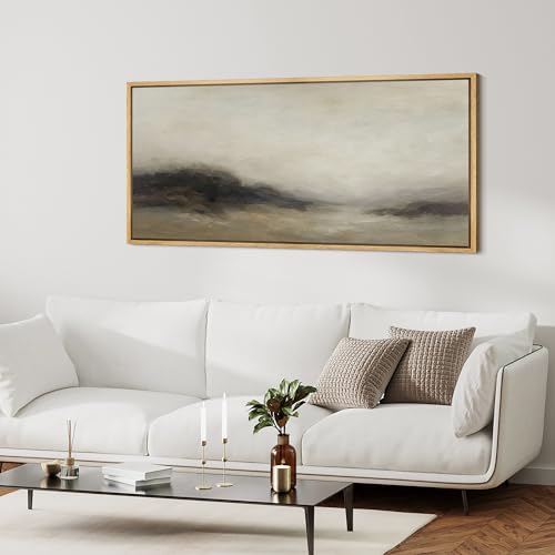Extra Larg Framed Canvas Print Wall Art Foggy Mountain Horizon Landscape Neutral Tones Abstract Illustrations Decorative Colorful for Bedroom