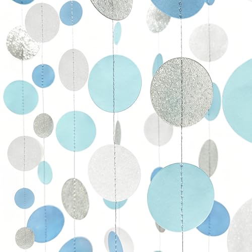 Dusty Blue Silver White Polka Dots Garland Hanging Paper Circle Dot Streamer for Nautical Birthday Wedding Engagement Bridal Shower Retirement Graduation Hen Party Decorations Supplies