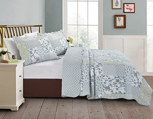 Multi Blue & Beige Floral Patchwork Quilt Set
