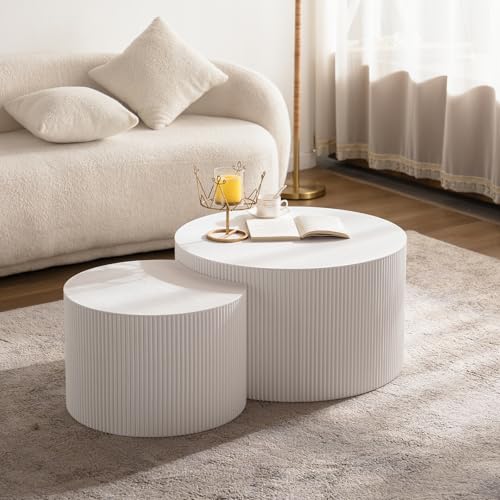 White Round Fluted Nesting Coffee Table Set of 2 (2 Count)