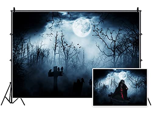 8x6.5ft Spooky Halloween Graveyard Backdrop Foggy Full Moon Horror Scene
