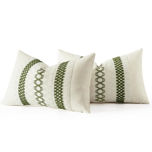 Set of 2 Moss Green Boho Decorative Lumbar Pillow Covers 12x20 Inch (2 Count)