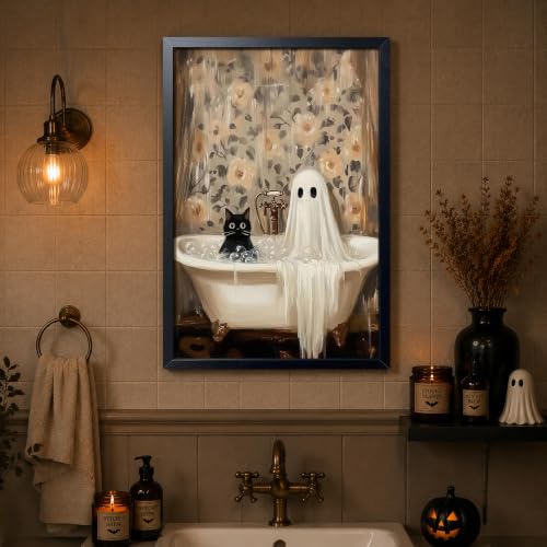 Funny Black Cat Bathroom Wall Art Framed Canvas Print