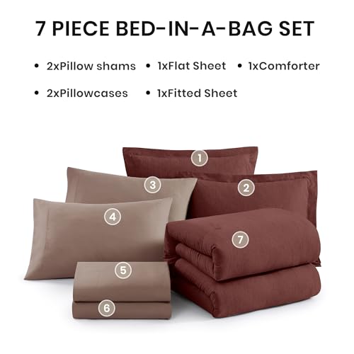 Queen Comforter Set 7 Pieces Cationic Dyeing Dark Red Bed in a Bag