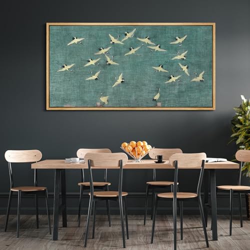 Extra Large Framed Canvas Print Wall Art Serene Skies White Birds in Flight on Teal Antique Retro Fine Art Illustrations Decorative Colorful for Bedroom