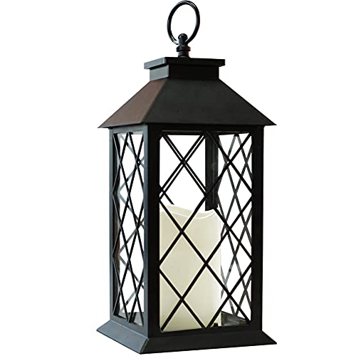 13.5" Black Vintage Candle Lantern with LED Pillar Candle and Timer