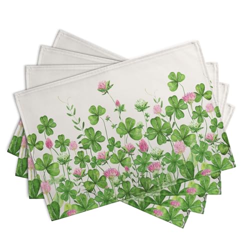 Shamrocks St. Patrick's Day Placemats Set of 4 Watercolor Lucky Clovers St Patrick's Day Table Mats Seasonal Spring Green Leaves Linen Place Mats for Party Kitchen Dining Outdoor Indoor Decor