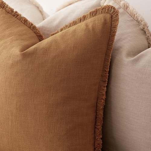 Decorative Linen Fringe Throw Pillow Covers 18×18 Inch (2 Count)