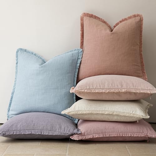 Decorative Linen Fringe Throw Pillow Covers 26×26 Coral Pink (2 Count)