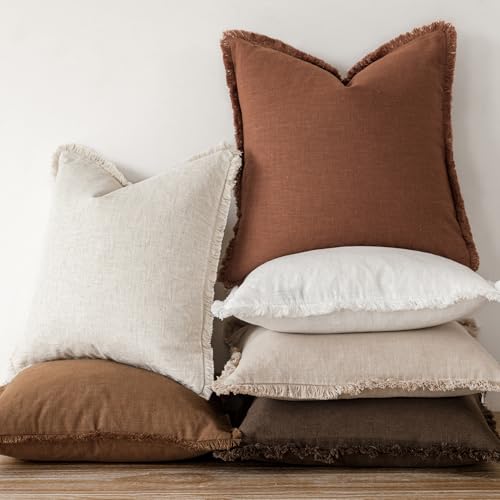 Decorative Linen Fringe Throw Pillow Covers 20×20 Orange Brown (2 Count)