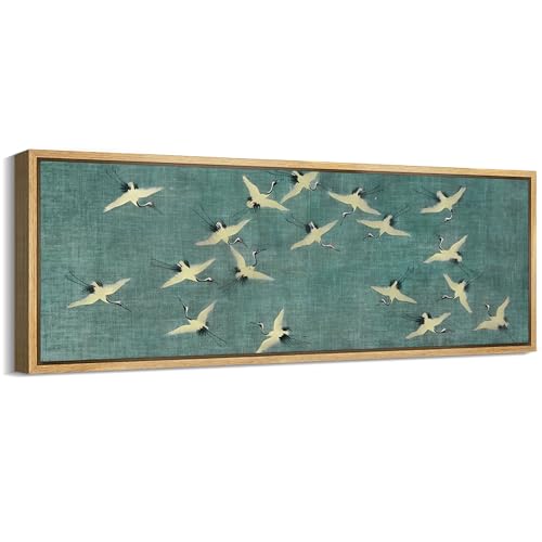 Large Framed Canvas Print Wall Art Serene Skies White Birds in Flight on Teal Antique Retro Fine Art Illustrations Decorative Colorful for Bedroom