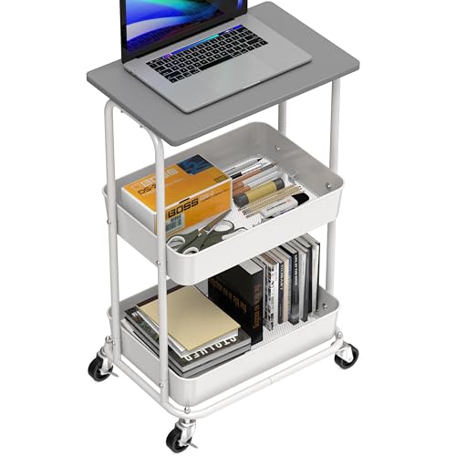 2 Tier Rolling Utility Cart Wood Top