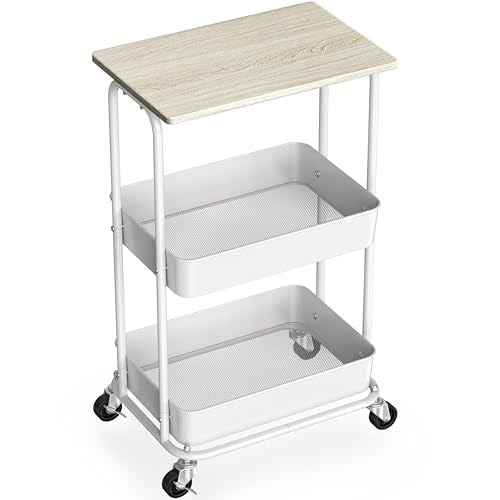 2 Tier Rolling Utility Cart Wood Top