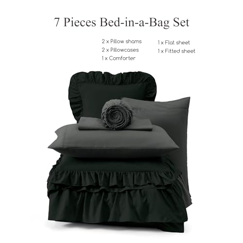 Queen Comforter Set Black Ruffle 7 Pieces Farmhouse Bed in a Bag