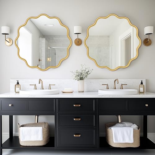 Gold Round Mirror 28 Inch Wavy Bathroom Vanity Mirror Gold Frame Modern Wall Mirror Decorative Wall