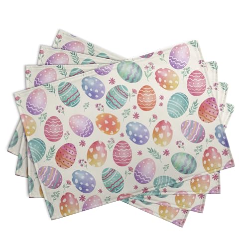 Easter Placemats Set of 4 Watercolor Colorful Eggs Floral Table Mats 12x18 Inch Spring Washable Heat Resistant Linen Fabric Place Mat for Indoor Outdoor Kitchen Dining Home (4 Count)