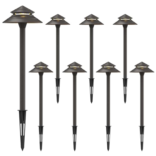 Pathway Lights Kits 3W LED 8PK Outdoor Low Voltage Landscape Lighting 180 Lumen Hardwired 2 Tier Pagoda Path Light 3000K Warm White Metal 12V Electric Sidewalk Walkway Lights with Connectors (8 Count)