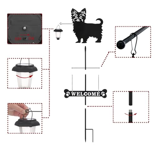 Solar Yorkie Silhouette Dog Breed Welcome Sign with a Lantern
