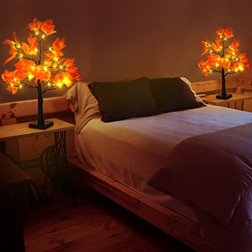 2 Pack Lighted Maple Tree 20 Inch 48LED Fall Artificial Tree for Thanksgiving Harvest Indoor Decoration (2 Count)