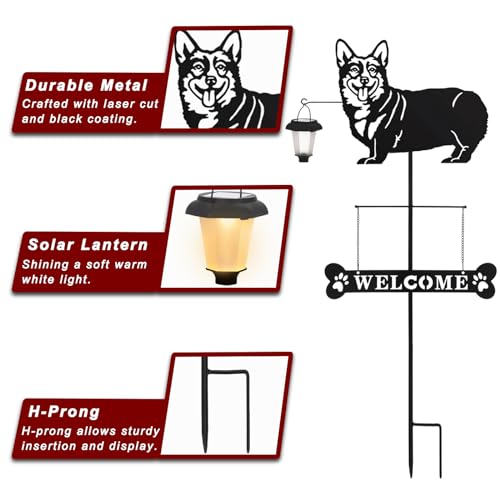 Solar Corgi Silhouette Dog Breed Welcome Sign with a Lantern