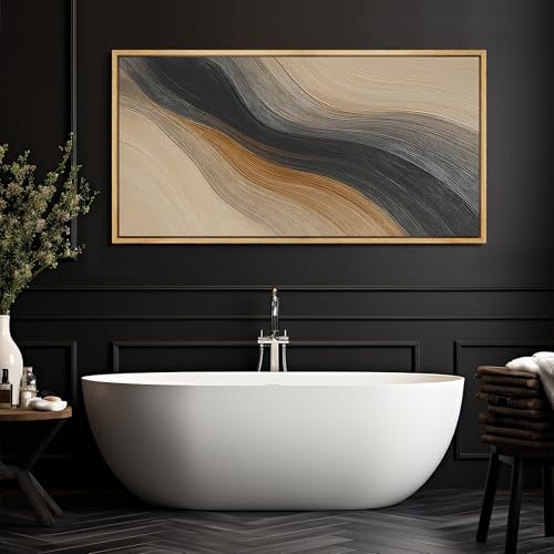 Extra Larg Framed Canvas Print Wall Art Abstract Wave Pattern Neutral Black and Brown Modern Geometric Illustrations Decorative Colorful for Bedroom