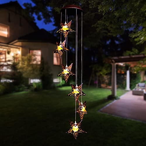 Solar Wind Chimes Star Wind Chime Warm LED Hanging Solar Lights Unique Garden Decor Memorial Thanksgiving Gifts for Mom Grandma Sister Home Party