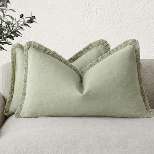Boho Linen Fringe Lumbar Throw Pillow Covers 12×20 Light Green (2 Count)