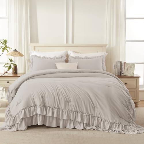 Linen Grey Ruffle California King Comforter Set