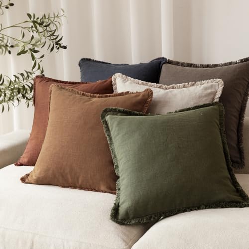 Decorative Linen Fringe Throw Pillow Covers 20×20 Orange Brown (2 Count)