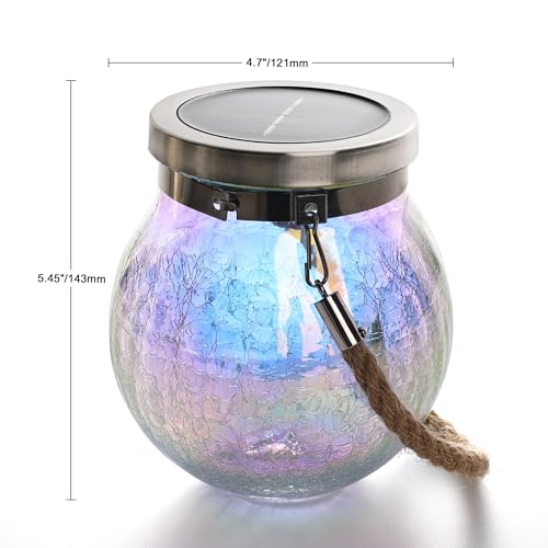 Gift for her him 2 Pack Solar Lanterns Waterproof Outdoor Iridescent Heavy Crackle Glass a Big LED Stainless Steel Lid 215% Solar for Women Mom Grandma Outdoor Table Lamps Garden Backyard Decor (2 Count)