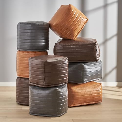 Contemporary Faux Leather Channel Stitch Pouf Ottoman Foot Stool