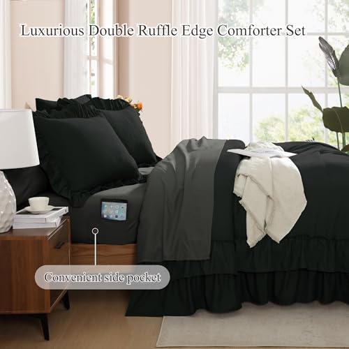 Queen Comforter Set Black Ruffle 7 Pieces Farmhouse Bed in a Bag