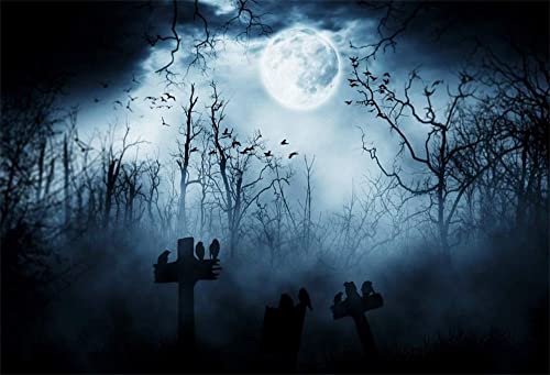10x6.5ft Spooky Halloween Graveyard Backdrop Foggy Full Moon Horror Scene
