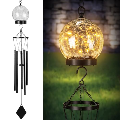 Solar Wind Chimes Outdoor Lights 42 Inch Large Sympathy Gift Chime 15 LED Twinkle Warm White Crackled Glass Ball Hanging Lantern Gifts for Birthday Garden Yard Patio Landscape Decor