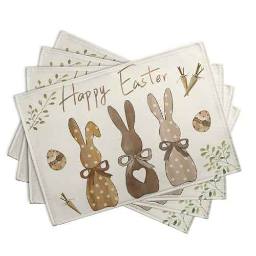 Happy Easter Bunny Placemats Set of 4 Easter Rabbit Egg Carrots Linen Fabric Table Mats Spring Seasonal Rustic Holiday Washable Place Mats for Party Kitchen Dining Indoor Decor 12x18 Inch (4 Count)